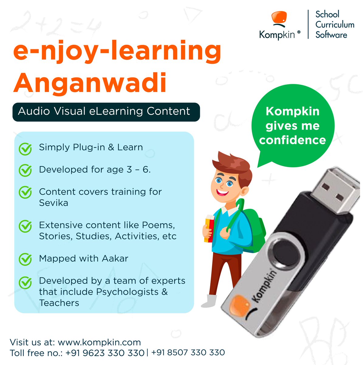 Enjoy Learning #Anganwadi through 'Kompkin Pendrive' where you can find Audio Visual #eLearning #Content😊
Give us a call to know more about us
📞 +91 96233 0330 / +91 85073 30330
#funlearn #marathieducation #Audiovisualcurriculum #Anganwadi #Activities  #onlineclassroom #csr