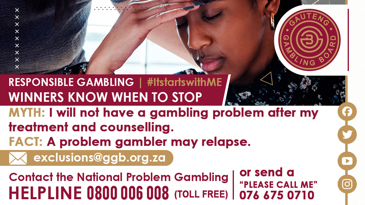 Gautenggamblin's tweet photo. Get to know the Myth from the fact.
#GautengGamblingBoard
#responsiblegambling
#WinnersKnowWhenToStop
#Gambling
#selfexclusion
#ItStartsWithME
#GamblingAddiction
#Saynotoproblemgambling
#ProblemGamblingCounceling
#ProblemGamblingTreatment
#GambleResponsibly
#GamblingProblemHurts https://t.co/hvrI2auuom