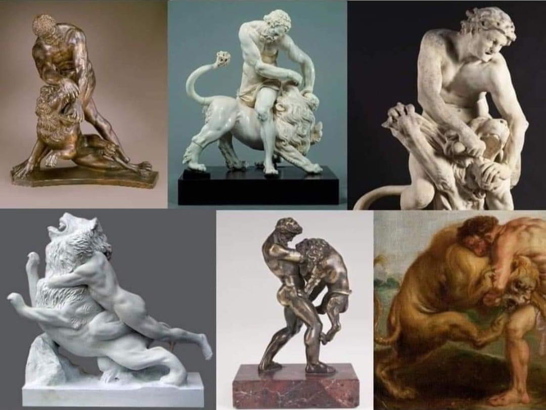 Popular topics in art history:
Hercules trying to get his cat to take a pill.
