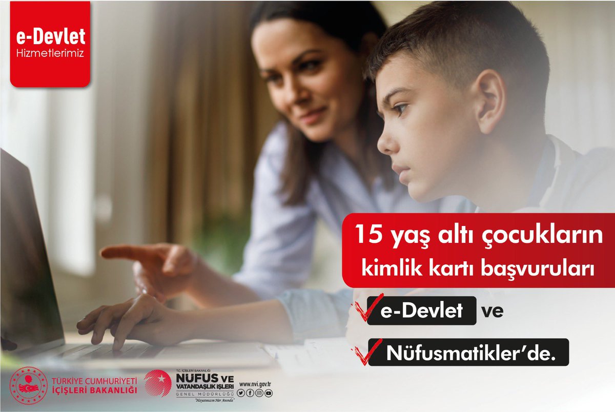 NVİ’de yenilik bitmez. 15 yaş altı çocuklarınızın kimlik başvuruları için nüfus müdürlüklerine gitmenize gerek kalmadan. e-devlet kapısından online veya 81 ilimizde nüfusmatiklerde randevu almaksızın gerçekleştirebilirsiniz. Yeni haftaya Bismillah  <a href="/TCNufus/">Nüfus ve Vatandaşlık İşleri Genel Müdürlüğü</a> #HayatınızınHerAnında