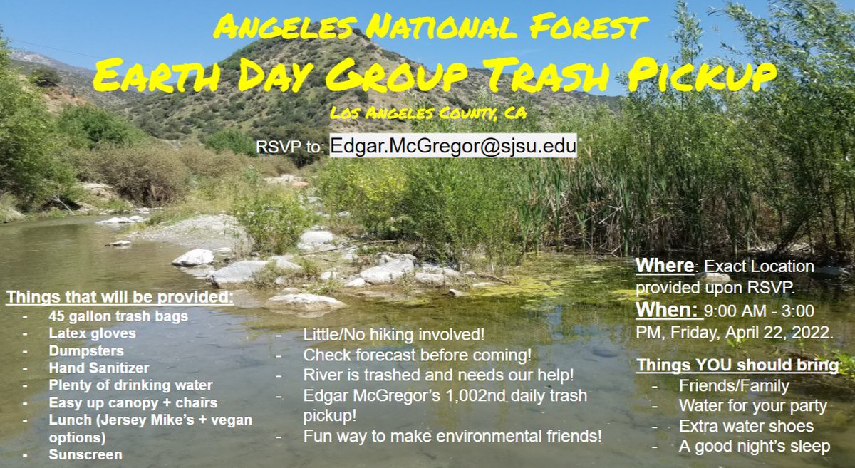 In Los Angeles this week and have no Earth Day plans? 

Join me and dozens others for a huge trash pickup in the Angeles National Forest! RSVP for more details.