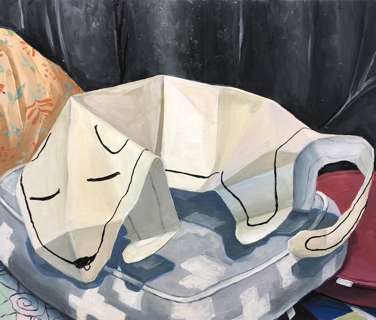 「「寝てる犬」

F10号(455×530mm)
キャンバスに油彩、ペン 」|德永葵(ぶるー)のイラスト