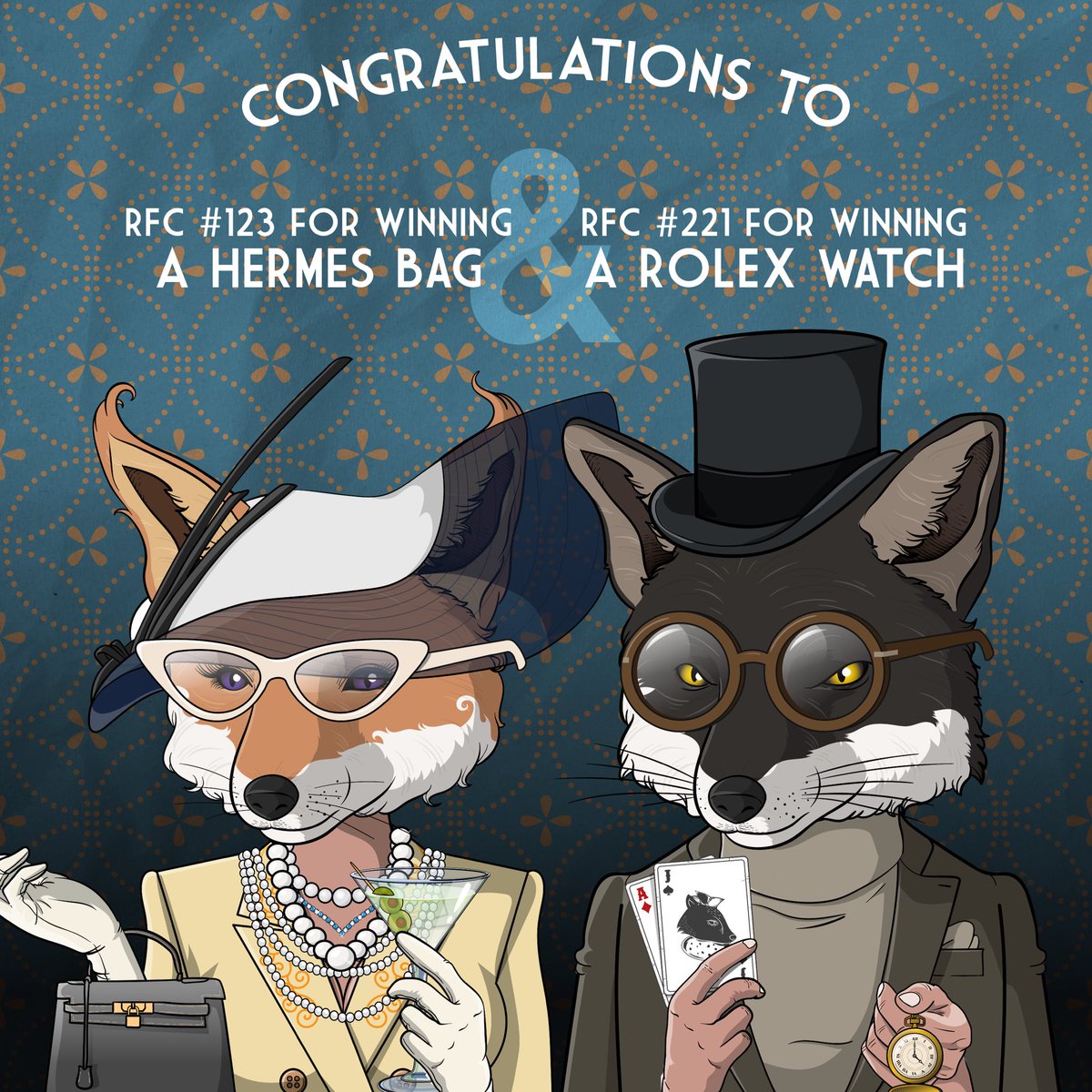 Congratulations to
RFC #221 for winning a ROLEX WATCH and RFC #123 for winning a HERMES BAG. 🎉🎉🎉🥳🥳🥳

Please send us a direct message of your detail on our social media or discord to claim your present!

#NFTCommunity #NFTs #NFT