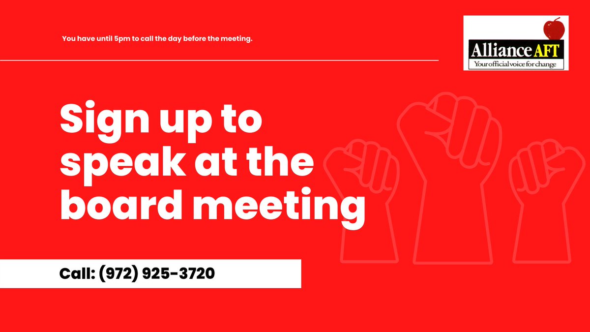 Dallas ISD Board Meeting is Thursday, April 21st at 6:00 p.m.  Call by 5:00 p.m. April 20th. 
Inform the board that we need a significant salary increase. Sign up! YOU ARE THE UNION!