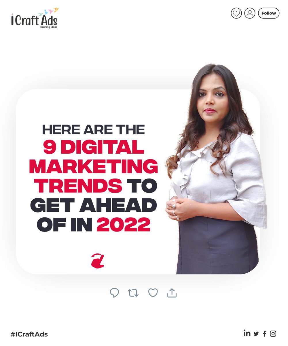 iCraftAds's tweet photo. "Digital trends are changing every year, laying the foundations for the future of marketing. Below are nine of the biggest digital marketing trends to watch in 2022.
.💬WhatsApp on: https://t.co/S8omWVys7a
"#digitalmarketingagency #digitalmarketingahmedabad #icraftads" https://t.co/2doK6KM7Hq