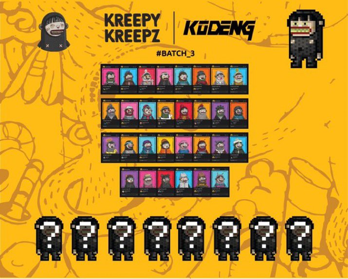 Hi Peepz!

🚨What a deal! 

8 lucky buyers from batch 03 will *receive airdrop of customized pixel version of their Kreepz from none other than KODENG himself! 🔥🔥🔥

So what are you waiting for?
Go and get your Kreepz now!
Price at 0.03 BNB

*Only when this batch sold out
