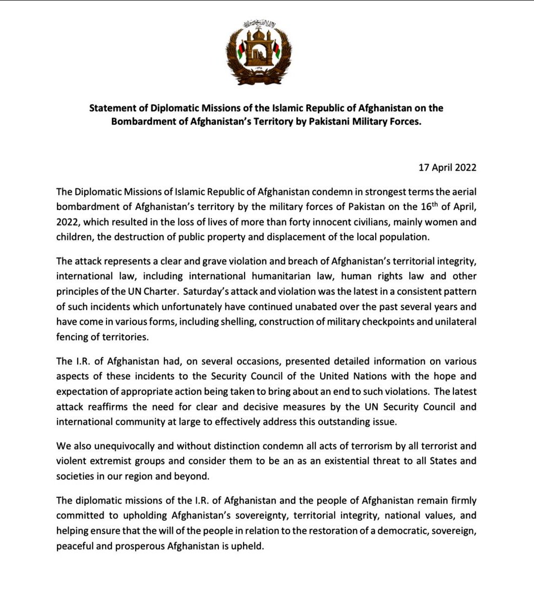 Statement of Diplomatic Missions of the Islamic Republic   of #Afghanistan on the Bombardment of Afghanistan's territory by #Pakistani Military Forces.

#PakistaniArmyWarCrimes #Pakistan #PakistanNeedsProgress