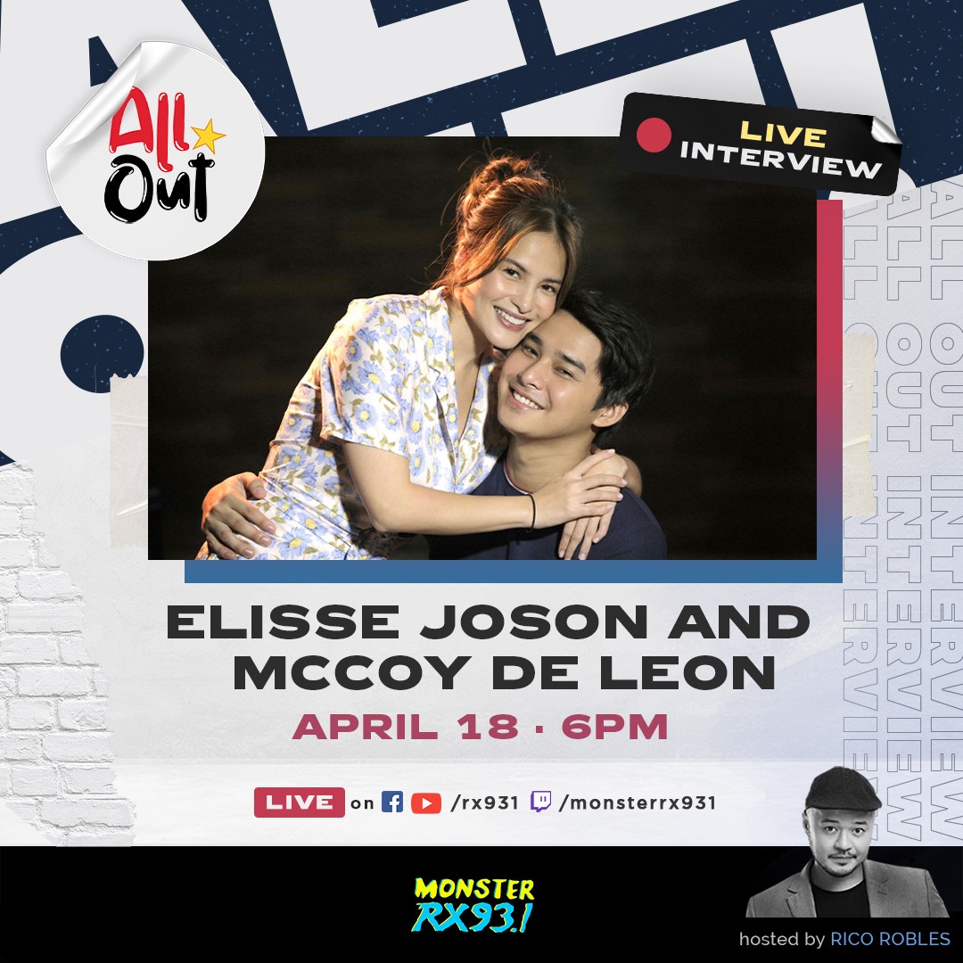 RX931's tweet photo. Happy Monday, #McLisse fans! 😍 We've got Mccoy De Leon &amp; @ElisseJoson joining Rico on #AllOut ✨ Happening tonight, April 18 at 6PM LIVE on radio &amp; our livestream pages. #McLisseGoesAllOut #RX931 #IAmAMonster https://t.co/mM0v0EgO0k