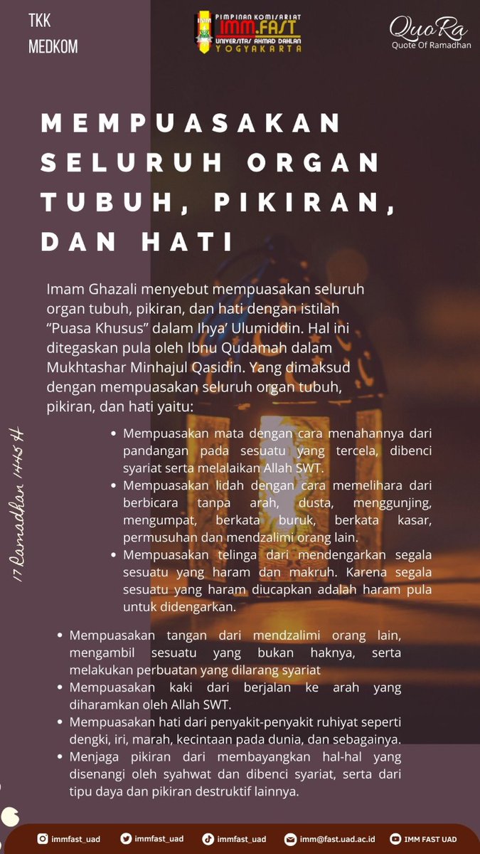 Immfast_uad's tweet photo. Quotes Of Ramadhan
Day 17

Mempuasakan Seluruh Organ Tubuh, Pikiran, dan Hati
------------------------------ https://t.co/aafnarsGRL