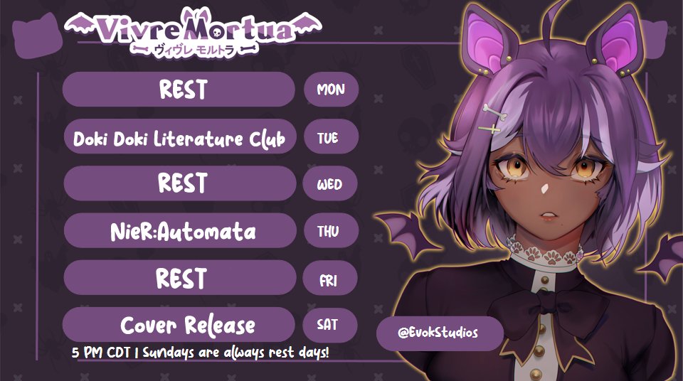 vivremortua's tweet photo. ◤Weekly Schedule &amp; Tags◢
✞ APR 18 - APR 23

✦ LIVE: #VimorLIVE
✦ ART: #mortuART

✞ 🦇"cover release this week!!! super excited!" https://t.co/0aS2jpPbW7