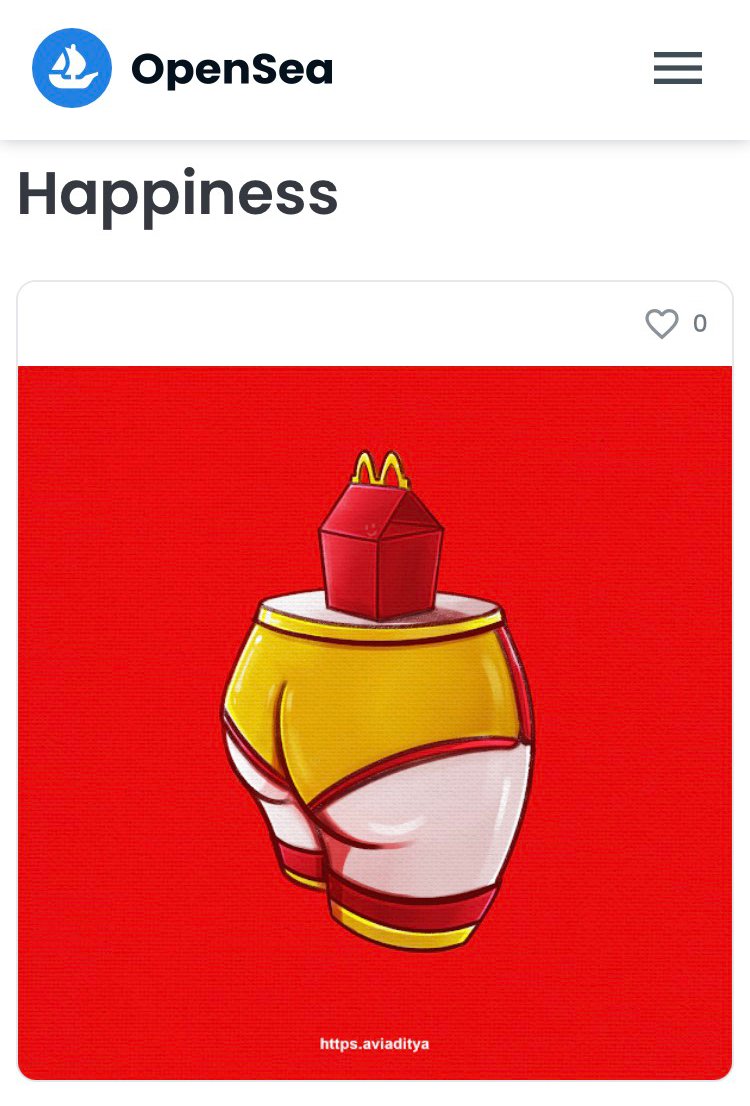 Series - kiss my a**
Name - Happiness

link - opensea.io/assets/matic/0…

Check it out ^-^

#Ethereum #opensea #OpenSeaNFT #NFTCommunity #NFTs #ArtistOnTwitter #digitalartwork #cryptocurrency #Blockchain #Happymeal