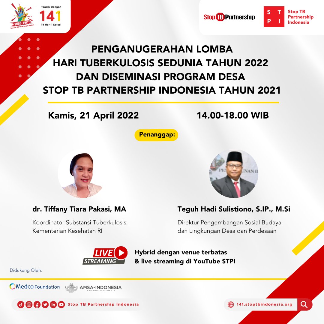 Halo sobat STPI!
Pemenang lomba memperingati Hari Tuberkulosis Sedunia telah diumumkan untuk juara 1, 2 dan 3. Sementara juara favorit 1, 2 dan 3 akan diumumkan pada acara berikut yaa. Yuk ikuti acaranya pada:
Kamis, 21 April 2022 di YouTube STPI pukul 14.00-18.00 WIB

#HTBS2022