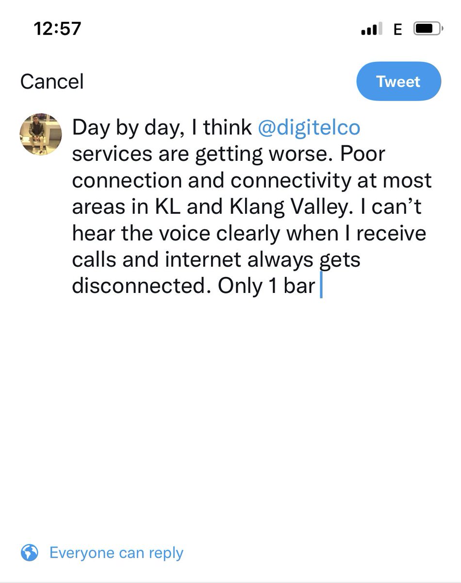 pipingnazrie's tweet photo. Day by day, I think @digitelco services are getting worse. Poor connection and connectivity at most areas in KL and Klang Valley. I canβt hear the voice clearly when I receive calls and internet always gets disconnected. Only 1 bar or Edge by the time I tweet this. #digicares? https://t.co/WQZAwpd5Du