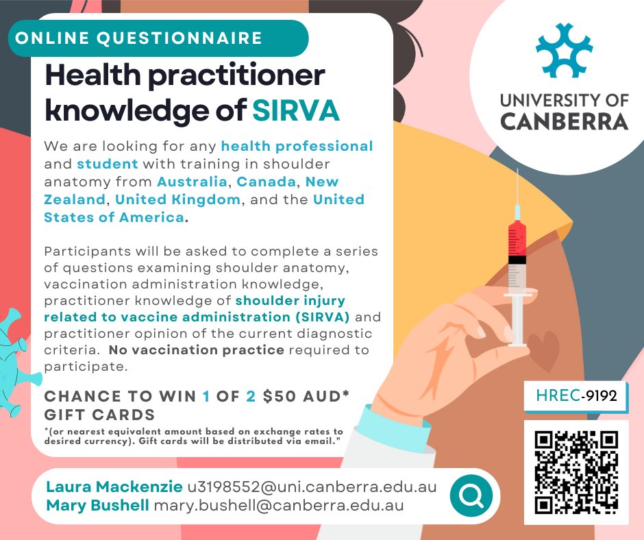 Are you a healthcare professional or a health student? 
If so, please complete our survey on Shoulder Injury Related to Vaccine Administration (SIRVA). You don't need to be a vaccinator to complete the survey.
uoc.syd1.qualtrics.com/jfe/form/SV_8G…
Please share
<a href="/L_J_Mackenzie/">Laura Mackenzie</a>, <a href="/mary_bushell/">Mary Bushell</a>,