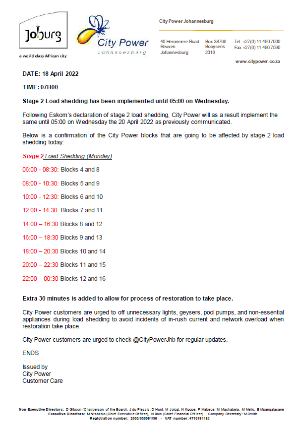 CityPowerJhb's tweet photo. LOADSHEDDING ALERT⚠️

#Loadshedding 
stage 2 is underway, until 05:00 on Wednesday 20 April 2022.

City Power customers are urged to check @CityPowerJhb for regular updates. ^DR https://t.co/K9t8abAOf3
