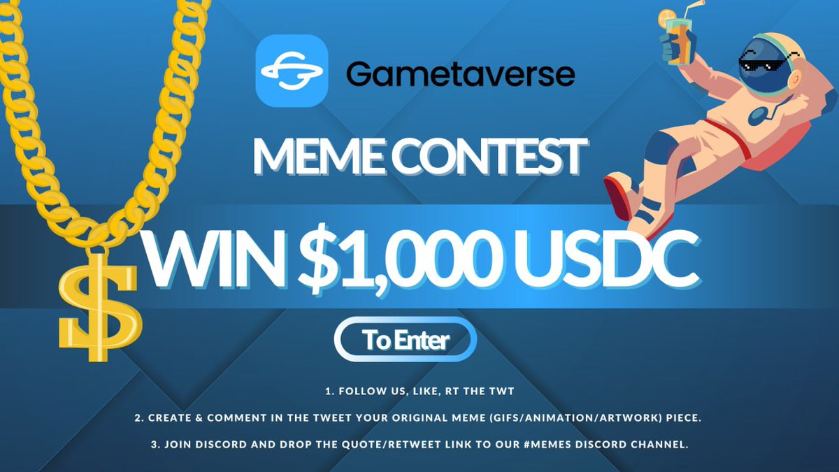 Meme Contest!

Join the party - everyone is a creator!
 
$1000 USDC is at stake!

1. Follow us, Like, RT the tweet

2. Create &amp; comment in the tweet your original meme (GIFs/Animation/Artwork) piece. 

3. Join Discord and drop the quote/retweet link to our #memes Discord channel.