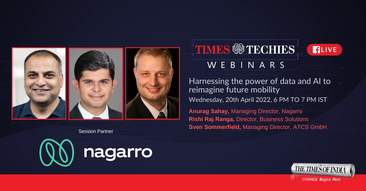 This week on #TimesTechiesWebinars watch experts discuss how data and AI are the keys to re-imagining the future in mobility.

<a href="/quietrags/">Anurag Sahay</a>, <a href="/Nagarro/">Nagarro</a>
<a href="/RishiRajRanga/">Rishi Raj Ranga</a>, <a href="/Nagarro/">Nagarro</a>
Sven Sommerfeld, <a href="/inc_atcs/">ATCS Inc.</a>

20th April, 6PM
fb.me/e/2d74uSJVJ

#TimesTechies #Nagarro #Data #AI