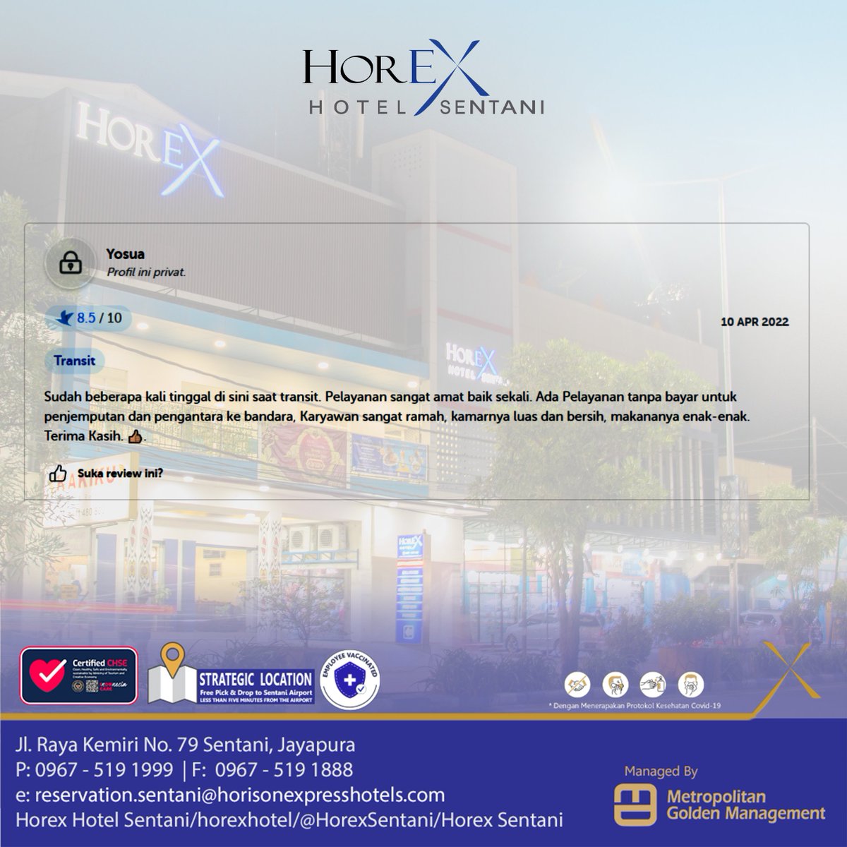 HorexSentani's tweet photo. Horex hotel sentani experience

Thanks for choosing us our beloved customer

Feels like home

.
.
More Information:
Horex Hotel Sentani
Jl. Raya Kemiri No. 79 Sentani, Jayapura
P: +62 967 - 519 1999
E: reservation.sentani@horisonexpresshotels.com

#horexhotelsentani #horison https://t.co/aGtaj1e7FB