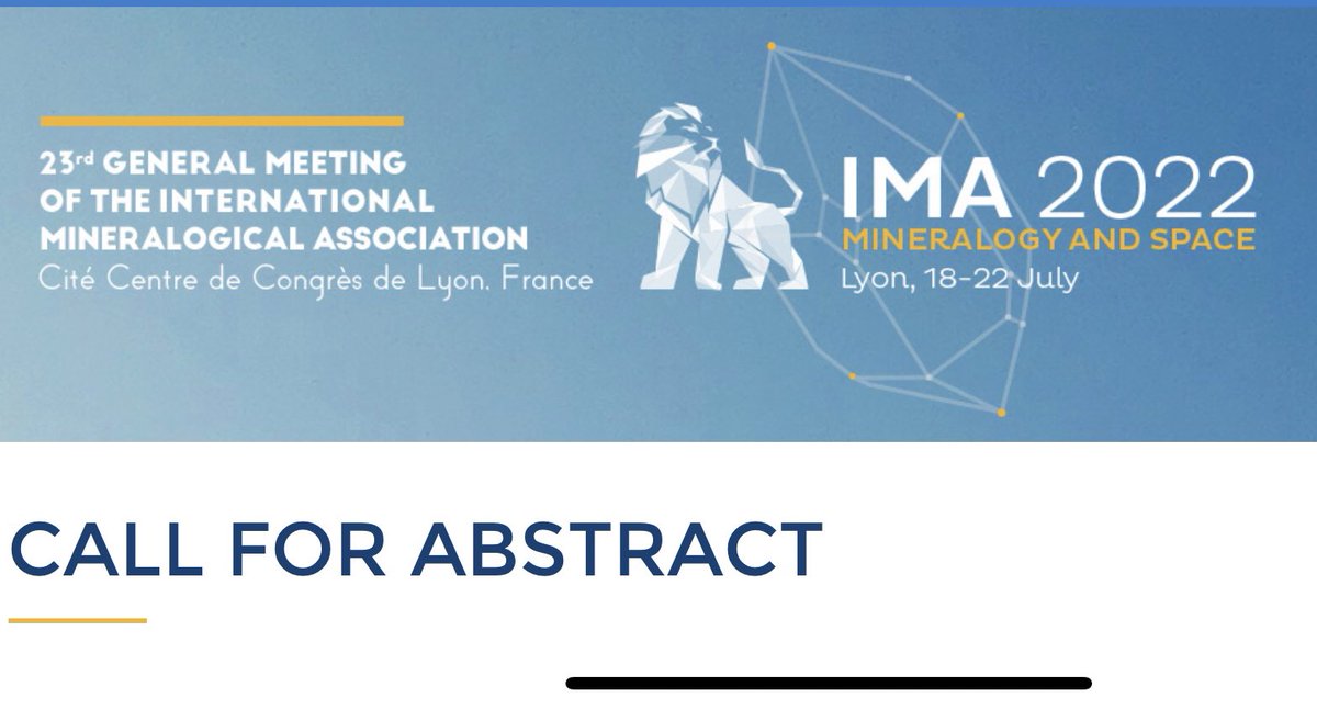 #IMA2022 Last week for submitting your abstracts to International Mineralogical Association meeting ima2022.fr/abstract-submi… Please spread the word! <a href="/MinSocAm/">Mineralogical Society of America</a> <a href="/HorizonMagEU/">Horizon Magazine</a> <a href="/MineralCup/">Mineral Cup #MinCup</a> <a href="/soc_min_pet/">Società Italiana di Mineralogia e Petrologia</a> <a href="/MinSoc_UK/">MineralogicalSociety</a> <a href="/EspanolaSem/">Sociedad Española de Mineralogía-SEM</a> <a href="/USGSMinerals/">USGS Minerals</a> <a href="/ECA_social/">European Crystallographic Association (ECA)</a> @crystallo_world