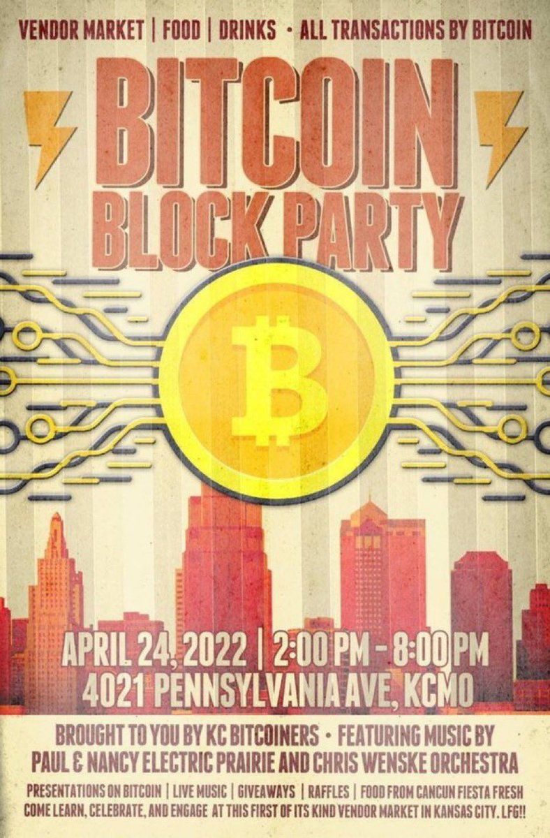 BitcoinPartyKC's tweet photo. ⚡Bitcoin Block Party⚡ on 4/24 in Westport.  "Across from Char Bar". Come buy burritos and beer with bitcoin and listen to some music while purchasing from vendors with bitcoin. #art #music #bitcoin #beer #burritos https://t.co/FkwMLylak0