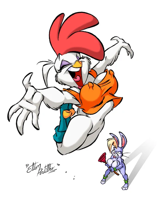 -CHOO-CHOO-

Esther the bunny was meant to be a one-off character, but in 2002 I brought her back with a new partner: a cute but naive chicken named Choo-Choo. Right in her debut she had to endure an unorthodox method of laying eggs, with a plunger. This became a running gag. 