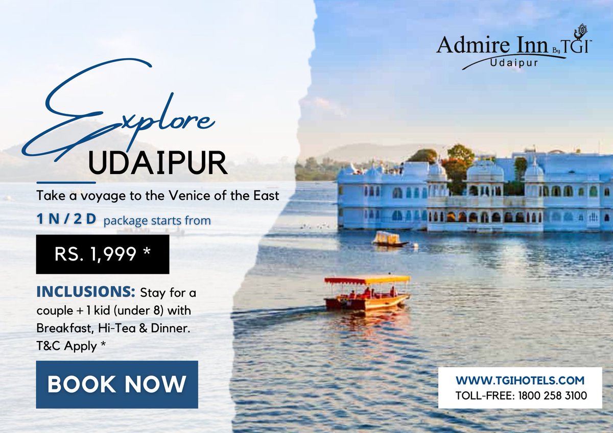 tgi_hotels's tweet photo. #TGIOffers Magnificent palaces, historic forts, pristine lakes, scenic gardens, and ancient temples are all waiting to be explored at #Udaipur, the Venice of the East.
#ExperienceTGI #vacation #travelling #udaipur #udapurtourism #udaipurtrips https://t.co/yw65d2dUXh
