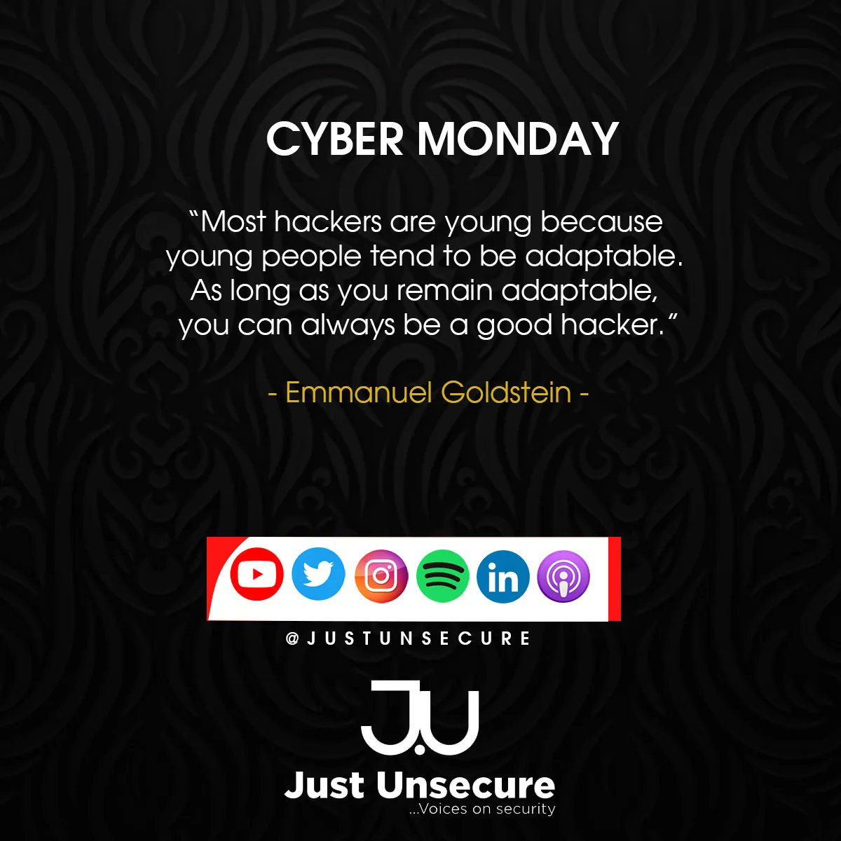 justunsecure's tweet photo. Monday Cyber Quote
#cybersecurity #cloudsecurity #informationsecurity #CISO #securityawareness #enterprisesecurity #womenininformationsecurity #africacybersecurity #africainfosec
#riskmanagement https://t.co/ep4tsJKNO8