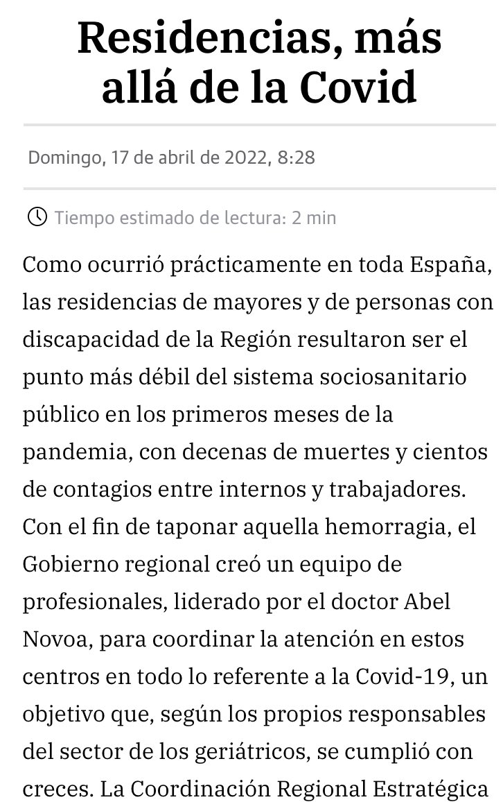 AbelNovoa's tweet photo. Editorial ayer en @laverdad_es Gracias por lo que implica de reconocimiento a una labor muy compleja de un equipo #CORECAAS Esperemos, no obstante, que la Comisión Técnica tenga éxito y las residencias puedan tener una mejor atención sanitaria en poco tiempo.Eso es lo importante https://t.co/DEofgZveIe