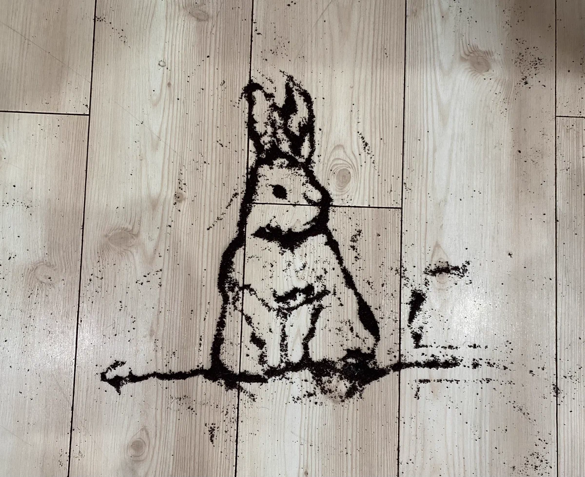 床にコーヒーの粉をぶちまけたので…うさぎアートにしたらほっこりした！