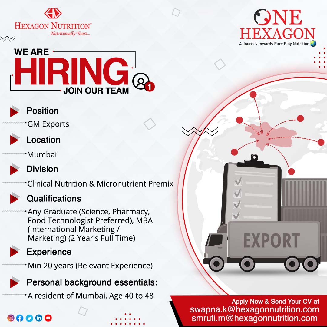Hexagonutrition's tweet photo. Urgent Hiring!
.
Hexagon Nutrition is looking for an experienced GM Exports.
.
Interested candidates must send their CV to swapna.k@hexagonnutrition.com or smruti.m@hexagonnutrition.com.
.
#hexagonnutrition #exportjobs #generalmanagerjobs #gmexportsrequired #exportjobs https://t.co/7Rk5CPC6Cu