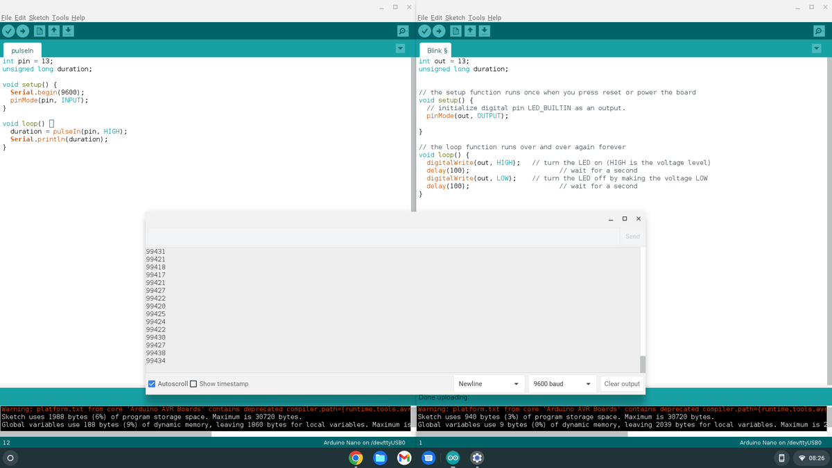 KlBuro's tweet photo. Entwicklung ala #Arduino Ein Nano macht Pulse und simuliert den Drehgeber, der andere misst mit pulseIn() die Frequenz bzw. Pulsdauer. +-20us sollten ausreichen.
Was man halt so macht am #Ostermontag #Workaholic 
Rest vom Tag Familia. #FroheOstern #HappyEaster https://t.co/tt7i35DE5r