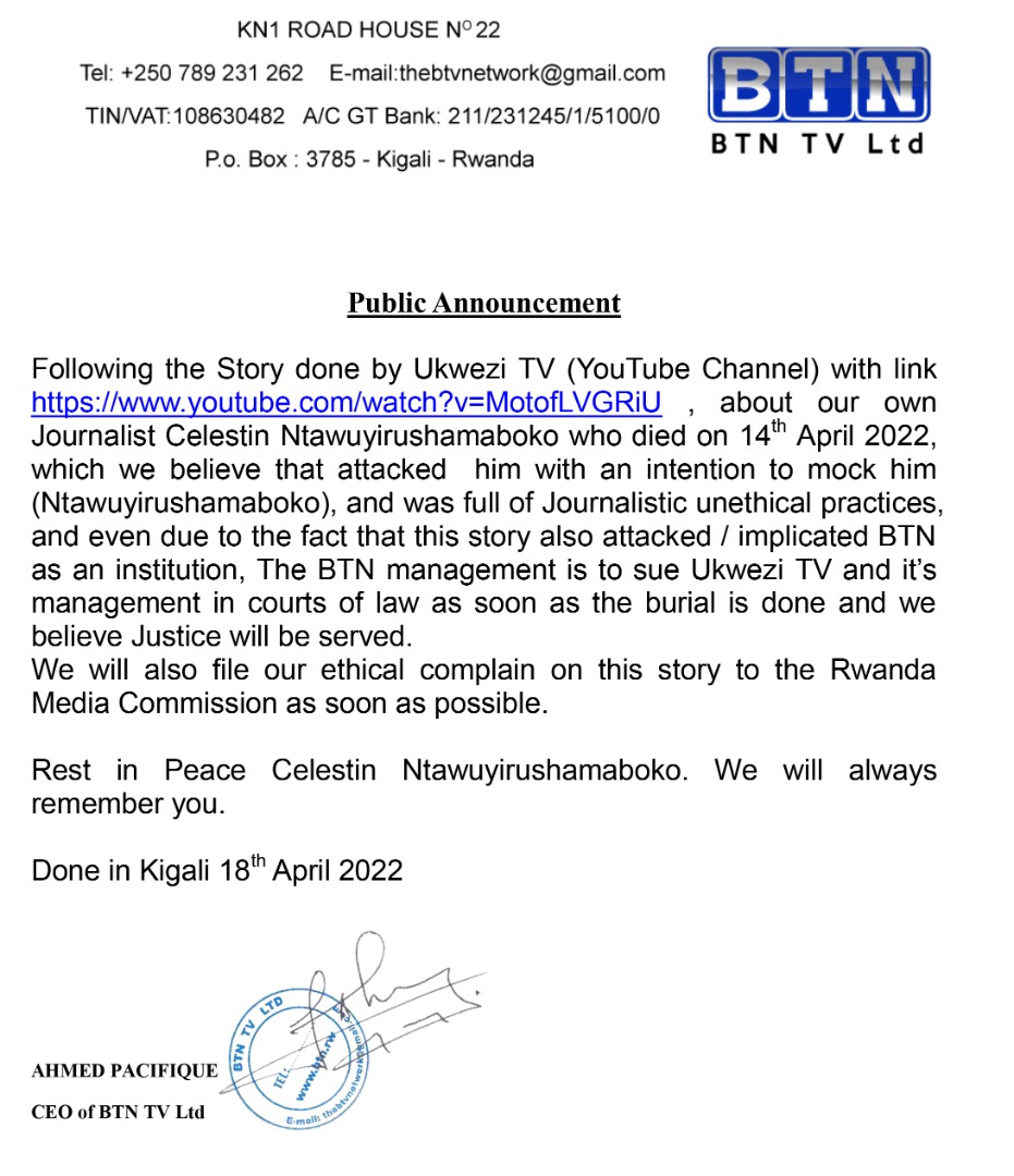 BTN_Rwanda's tweet photo. Public Announcement! https://t.co/G2z6OMBZHO