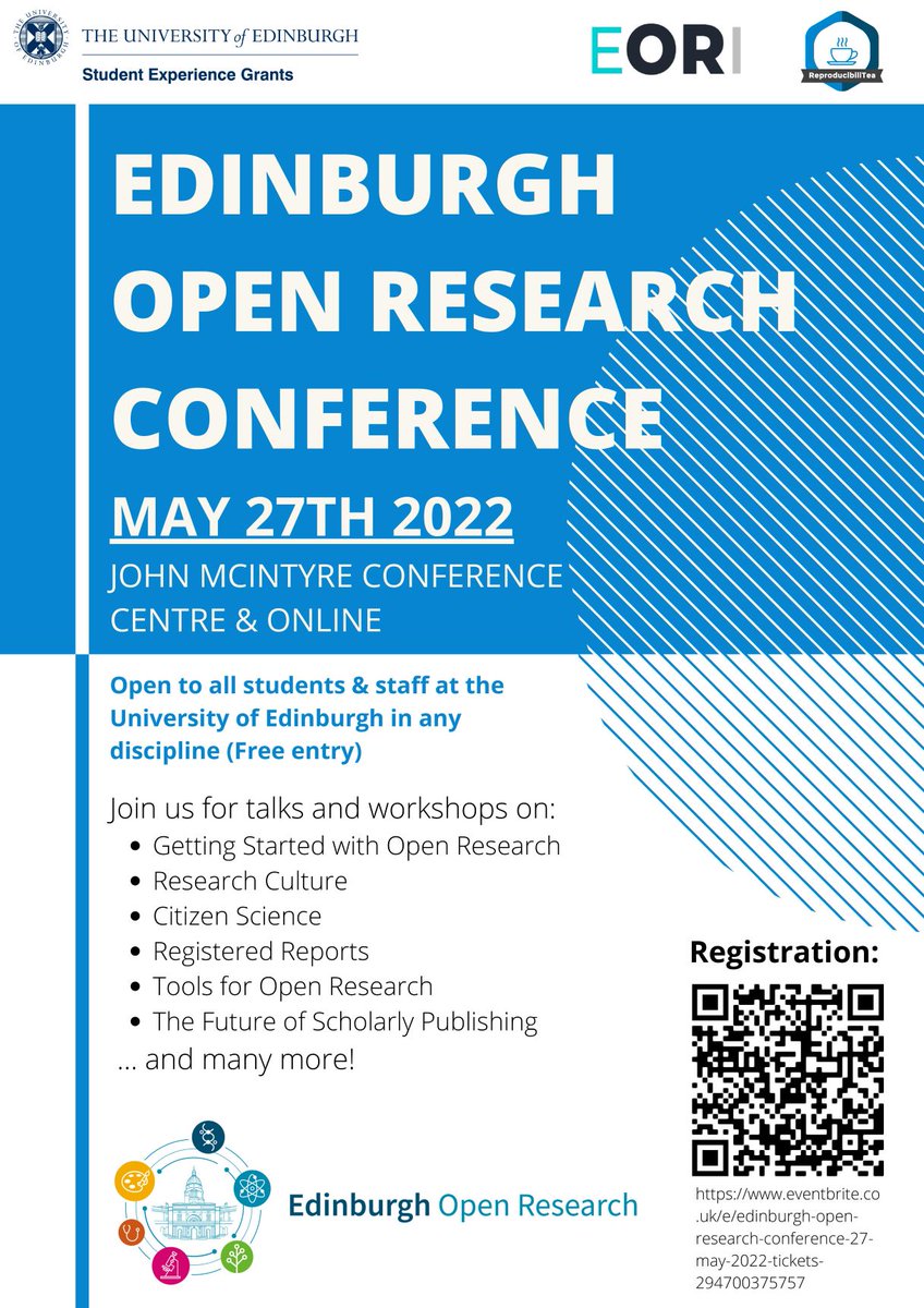 Registration is now live for the Edinburgh Open Research Conference on 27 May! Entry = free Physical spaces @ John McIntyre Conference Centre reserved for UoE staff & students Online registration open to all with an interest in #OpenResearch 👉eventbrite.co.uk/e/edinburgh-op…