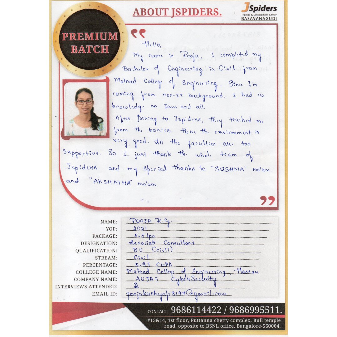JBasavanagudi's tweet image. CONGRATULATIONS : POOJA R.G FOR GETTING PLACED AS ASSOCIATE CONSULTANT
BEST WISHES FOR YOUR CAREER
#jspidersbasavanagudi
#javajavajava
#javaprogramming
#placedstudents
#javadeveloper
#bestcoaching
#career
#mncplacement
#growth
#successmindset