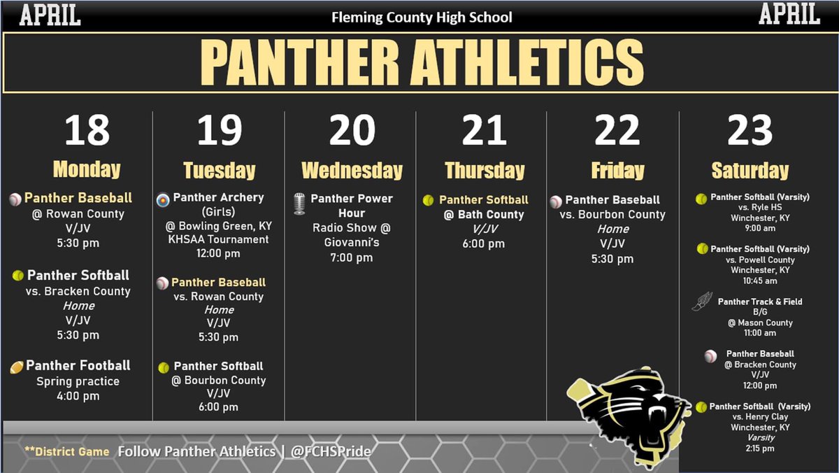 co_fleming's tweet photo. Here is what’s happening in Fleming County Athletics this week. Have a great week and Go Panthers! https://t.co/UdvJ1zhqsK