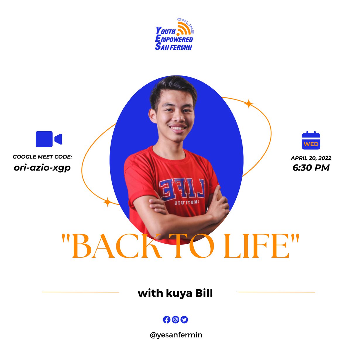 yesanfermin's tweet photo. Join us this Wednesday, APRIL 20 at 6:30pm via Google Meet. With our own special guest, Kuya Bill will encourage us with God’s Word entitled "BACK TO LIFE”.

Google Meet link: https://t.co/ek0Z44uAp2

Kitakits tayo! Invite your friends!

#yesanfermin https://t.co/m5cDVtA5wS