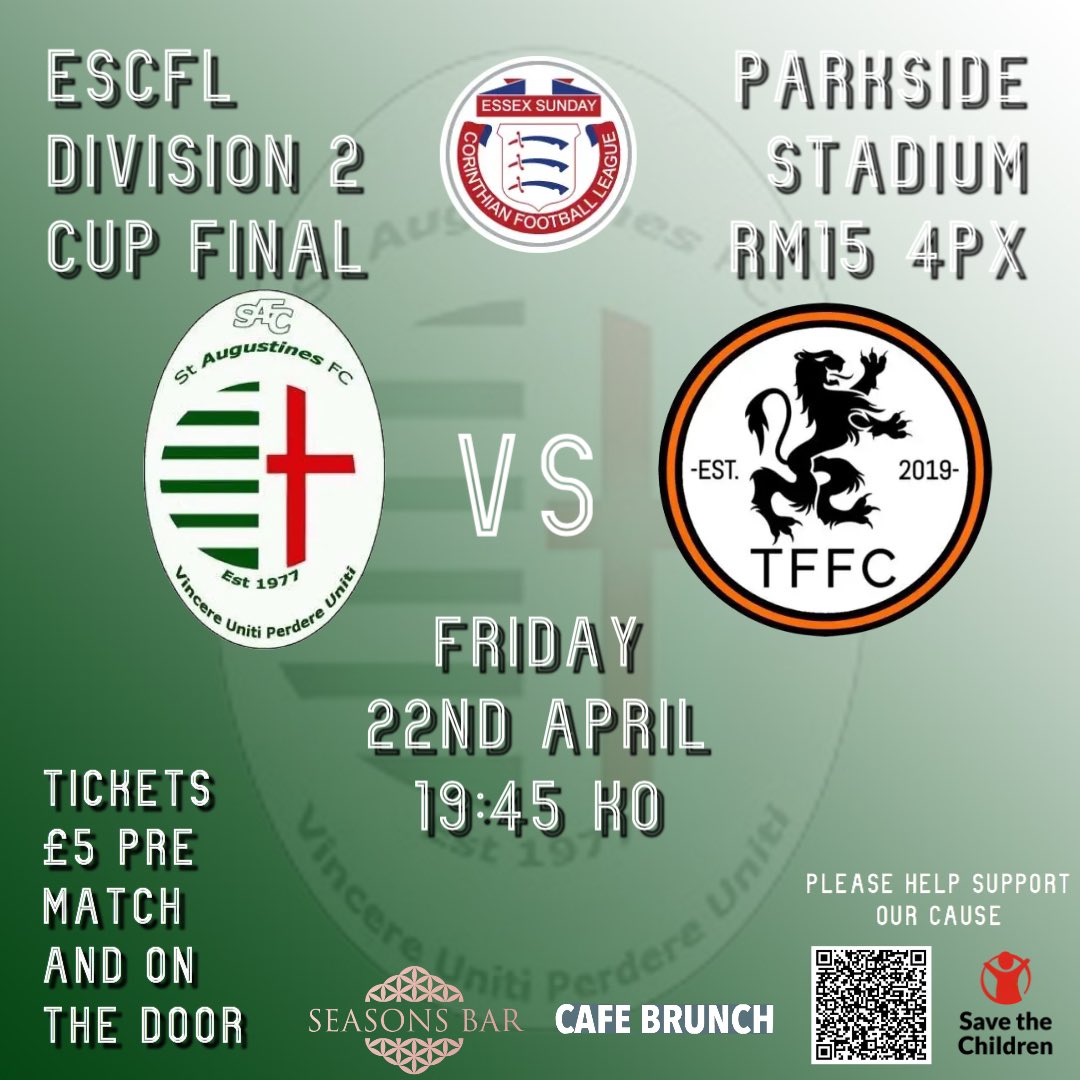 StAugustinesFC's tweet photo. Division 2 cup final this Friday😍

We take on @TotalFootbalIFC at 19:45 this Friday 22nd at Parkside Stadium!! Tickets are £5 so come along and support the Saints.

Follow the link below to our JustGiving page saving money for SaveTheChildren
https://t.co/DCgO6jKkKi

UTS🟢⚪️ https://t.co/KNTQ6lNHXa