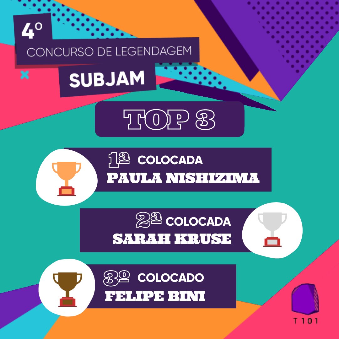 xltors101's tweet photo. E vamos parabenizar os vencedores e menções honrosas do 4º SubJam da Translators101!
1ª Paula Nishizima
2ª Sarah Kruse
3º Felipe Bini
⠀
Menções honrosas:
Joana Ferreira
Camilla Gobatti
Edilene Balestrin
Weter Damasceno
Will Xavier
⠀
#subjam #concursodelegendagem #legendagem https://t.co/jyJzqdl43Q