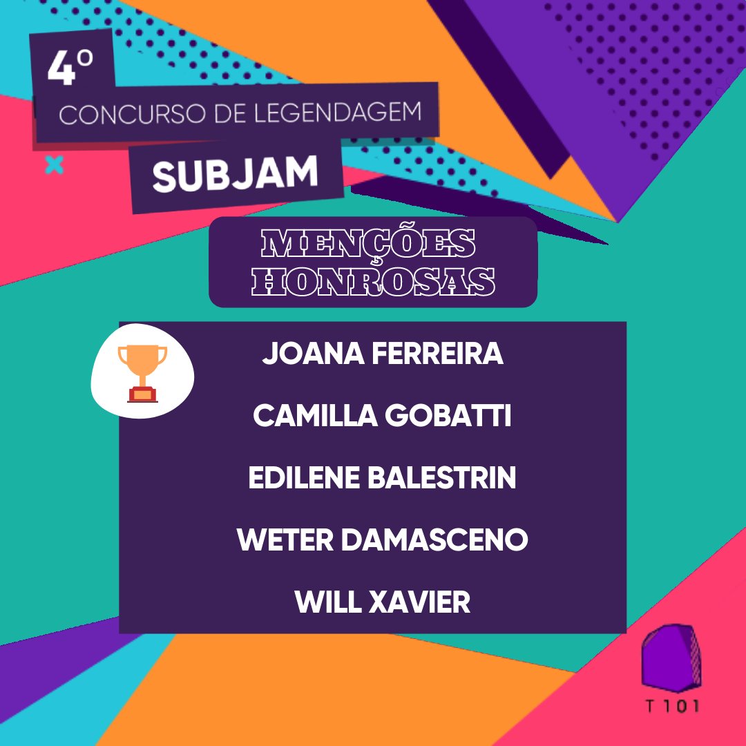 xltors101's tweet photo. E vamos parabenizar os vencedores e menções honrosas do 4º SubJam da Translators101!
1ª Paula Nishizima
2ª Sarah Kruse
3º Felipe Bini
⠀
Menções honrosas:
Joana Ferreira
Camilla Gobatti
Edilene Balestrin
Weter Damasceno
Will Xavier
⠀
#subjam #concursodelegendagem #legendagem https://t.co/jyJzqdl43Q