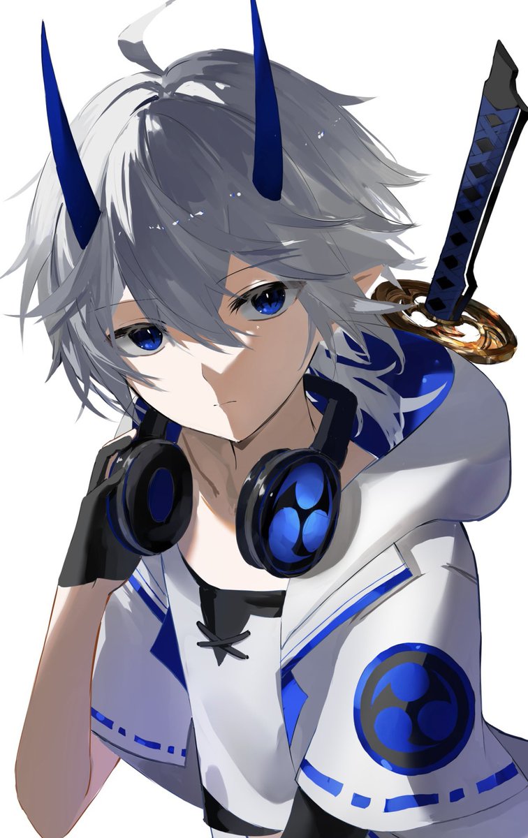 1boy male focus horns blue eyes weapon sword pointy ears  illustration images