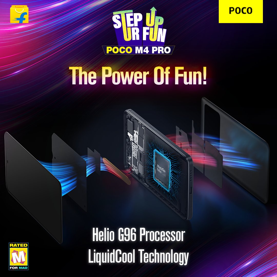 IndiaPOCO's tweet photo. The power of the Helio G96 processor is only made better by the LiquidCool technology in the #POCOM4Pro! #StepUpUrFun and bring it home from @Flipkart starting from ₹12,999/-* here: https://t.co/4XhL7l4txw
*T&C Apply https://t.co/SAdgzKOopa