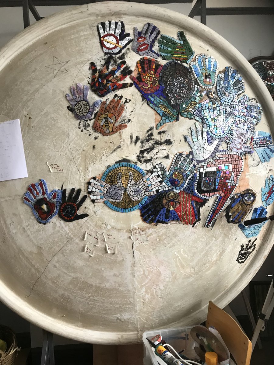 Creating a sculpture inspired by the life and music of David Bowie. Collecting hand prints and mosaicing them on to a large panel. Robert Fripp and Brian Eno are the latest hand prints to go on. on view at Escape art Centre, Tonbridge. #bowie #mosaic #escapeartcentre #tonbridge