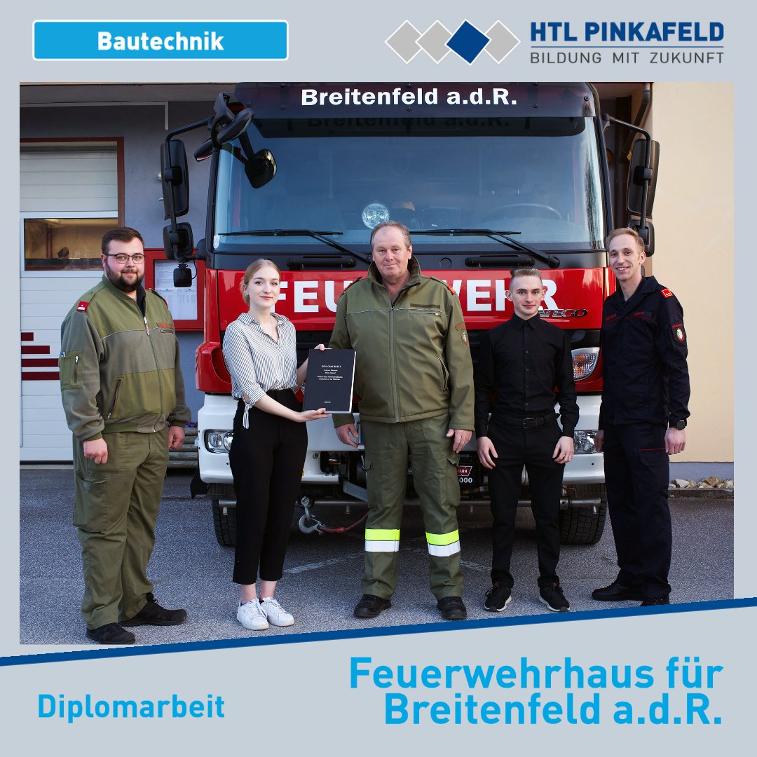 Die #HTLPinkafeld-Maturanten Michaela Schwarz und Samuel Mirna konnten kürzlich ihre #Bautechnik-Diplomarbeit "Neuplanung Feuerwehrhaus" mit Entwurfs- und Einreichplan mit Kostenschätzung und bauphysikalischer Berechnung an die Feuerwehr Breitenfeld an der Rittschein übergeben.