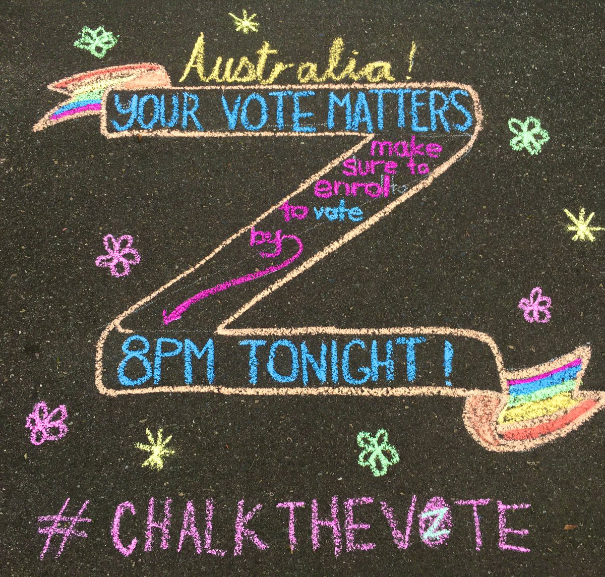 DemOnTheStreets's tweet photo. The hour is late but … there is still time to act.
Climate action for today: Enrol to vote. Encourage those you know and love to enrol to vote.
Roll closes 8pm tonight!
🟢#Auspol
🟢#ChalkTheVote
🌎Connect the #DOTS 🐛🦋 https://t.co/thAxSNODAU