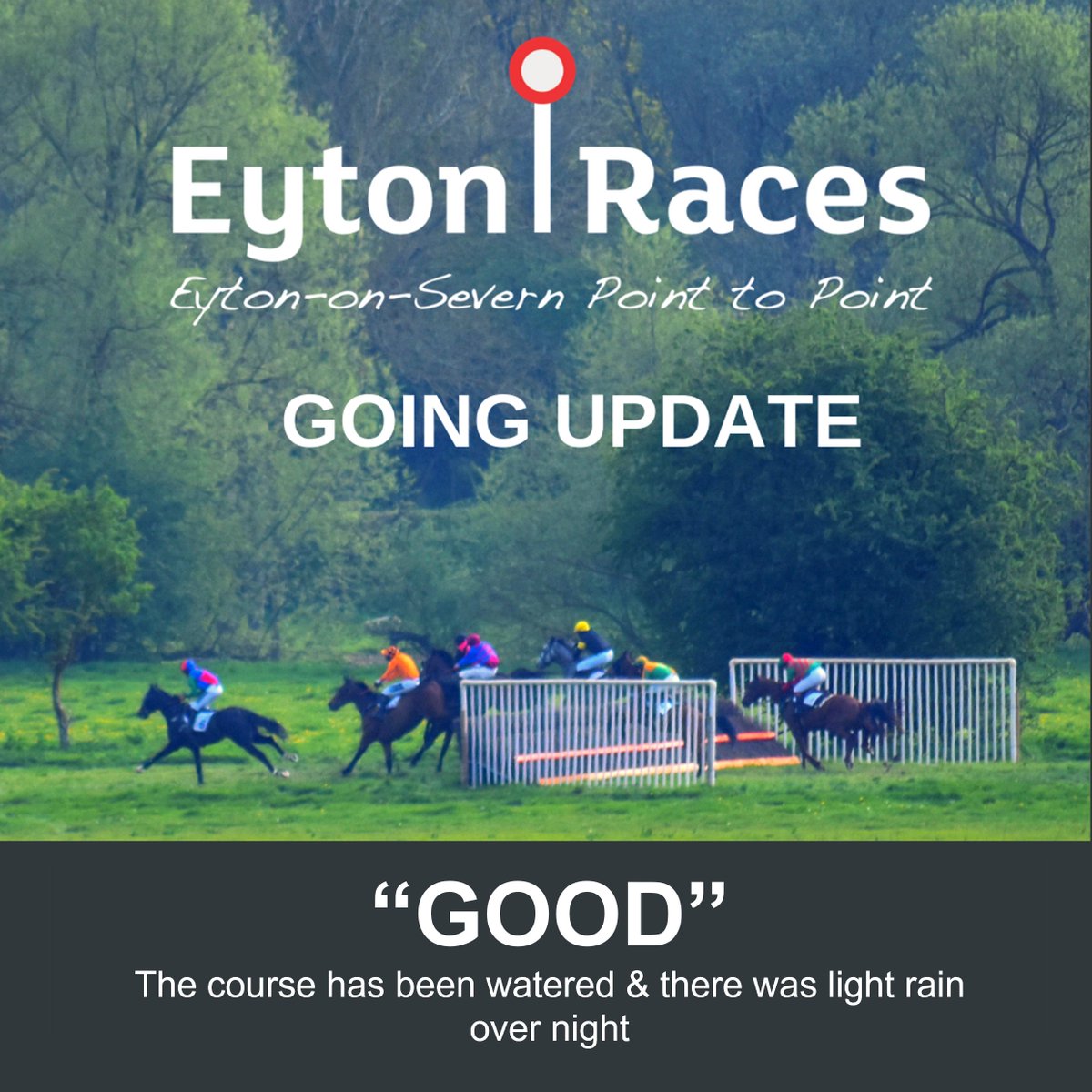 GOING UPDATE: Good
The course is in fanastic condition. It has been well watered since Friday and there was light rain overnight.

#Gopointing #pointtopointing #horseracing #eytonraces #eastermonday #familyfun #childrensentertainment #racing
