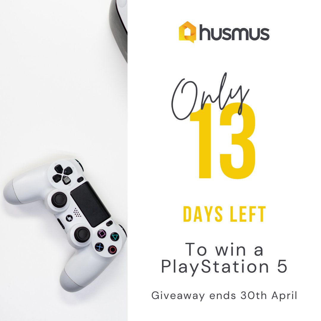 husmus's tweet photo. Great news! 

To give all our new followers the chance to enter, we will be extending the competition closing date until 30.04.2022. 

Get your entries in for your chance to win a PlayStation 5! Don't forget you get bonus entries by signing up to Husmus.  
#tenants #landlords https://t.co/rOKSxgHcRn