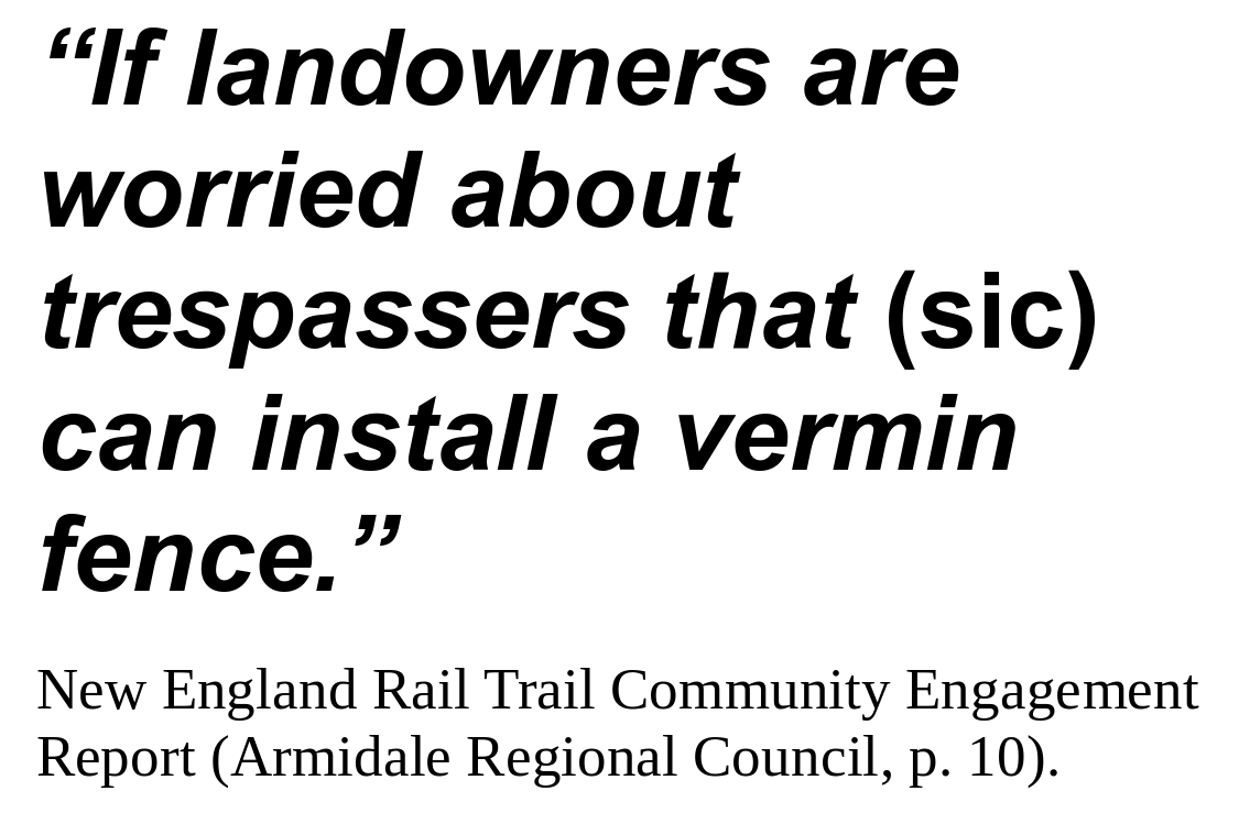 This 'suggestion' appearing in #Armidale Regional Council  #rail trail documentation typifies the council's poor position on the issue and the contempt it extends to the majority who oppose the #railway destroying bike track. See our post:
facebook.com/savethenorther…

#nswpol #auspol