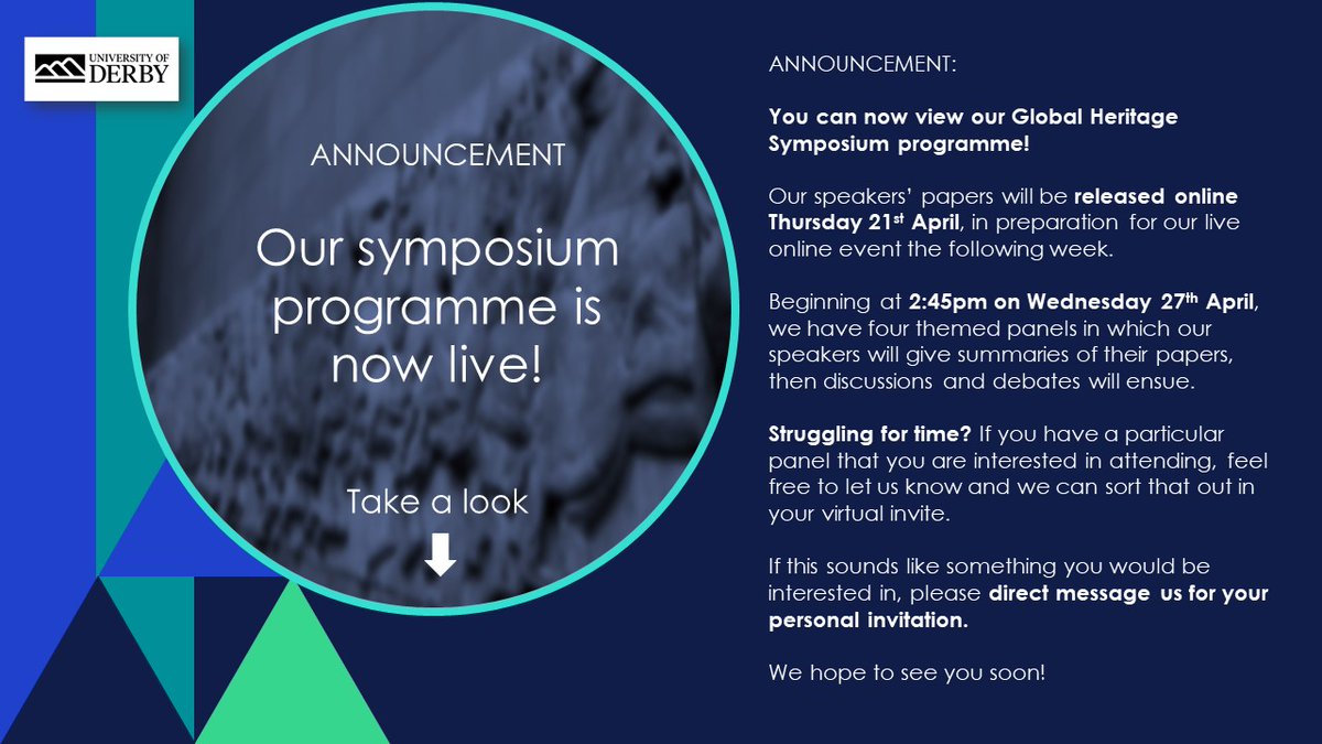 derbysymposium's tweet photo. Only 9 days to go ... 
🗓️Papers will be released on Thursday 21st April
🗓️ Symposium starts 2:45pm Wednesday 27th April
🎟️DM us for your invitation
We're all looking forward to sharing our research with you #GlobalHeritageSymposium #UoD #AcademicTwitter #twitterstorians 
1/4 https://t.co/PMnJf1OuEN