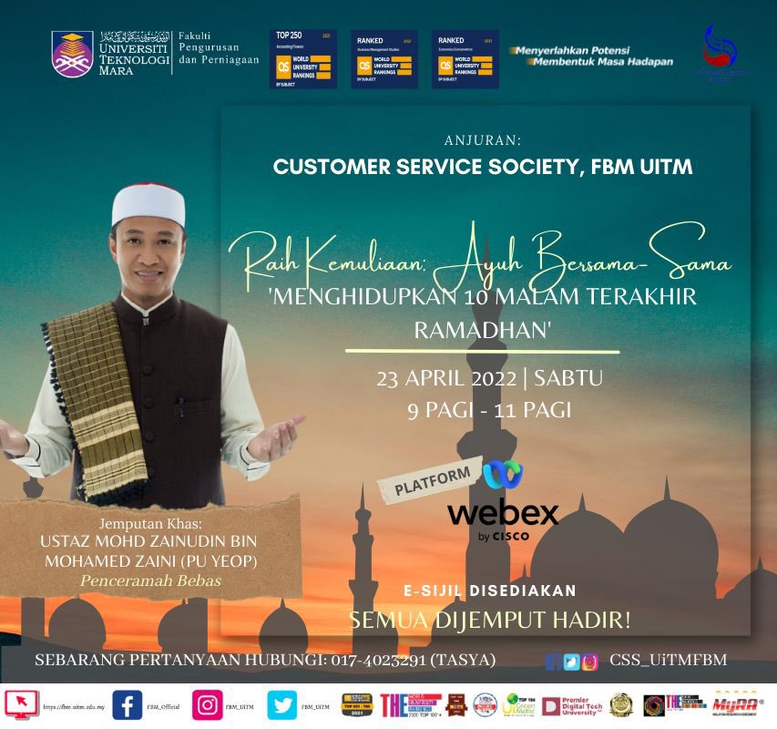 css_fbmuitm's tweet photo. Assalamualaikum WBT
Salam Sejahtera,
Salam Uitm Dihatiku. 

Sempena Ramadhan 1443H, kami barisan Customer Service Society (CSS) akan mengadakan sebuah program ceramah dan mempelawa semua pelajar serta orang ramai untuk menyertai dan memeriahkan lagi program tersebut. https://t.co/jzB2agyaIR
