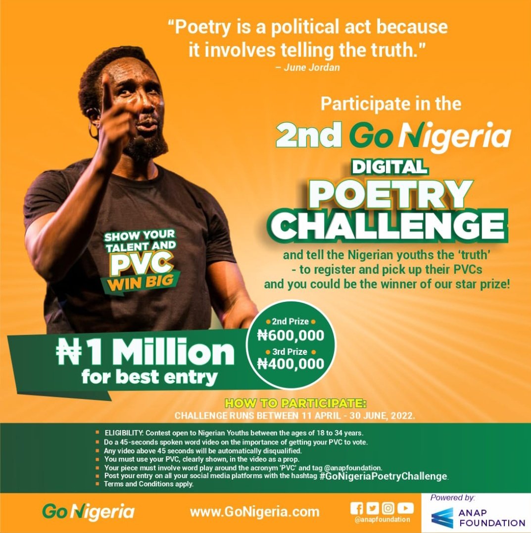 AtedoPeterside's tweet image. The 2nd GoNigeria Digital Poetry challenge is ongoing.Nigerian youths between the ages of 18 and 34 years are eligible to contest.  

The competition runs from 11th April to 30th June ,2022.

#GoNigeria #Vote #GetYourPVC